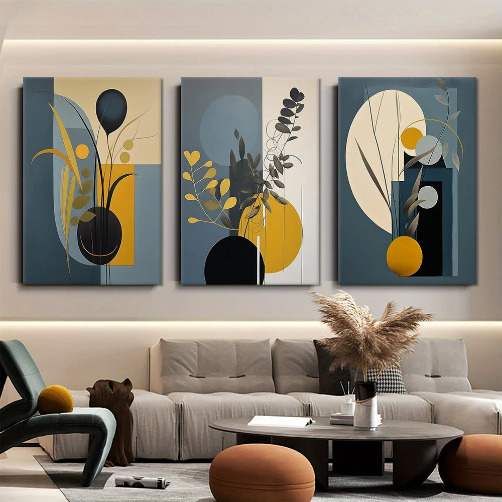 3 piezas de pinturas decorativas de lienzo geométrico abstracto moderno con decoración de pared de sala de estar de estilo nórdico, azul y amarillo
