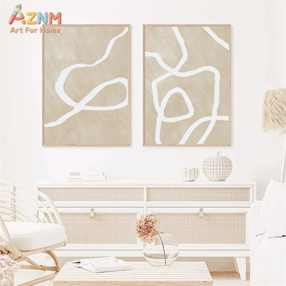 Cuadro en lienzo AZNM de estilo minimalista con arte abstracto de líneas onduladas en beige; estética moderna y neutra; pintura sin marco para sala de estar o dormitorio.