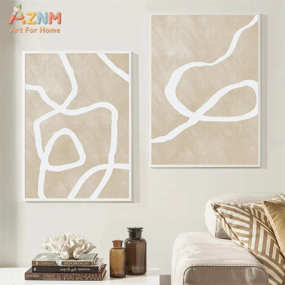 Cuadro en lienzo AZNM de estilo minimalista con arte abstracto de líneas onduladas en beige; estética moderna y neutra; pintura sin marco para sala de estar o dormitorio.