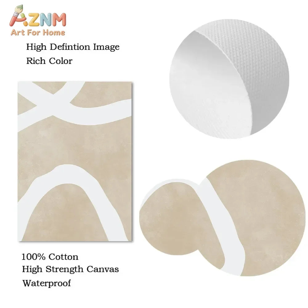 Cuadro en lienzo AZNM de estilo minimalista con arte abstracto de líneas onduladas en beige; estética moderna y neutra; pintura sin marco para sala de estar o dormitorio.