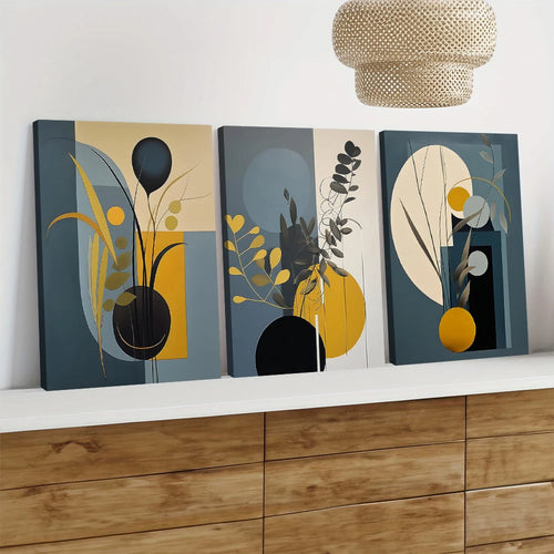 3 piezas de pinturas decorativas de lienzo geométrico abstracto moderno con decoración de pared de sala de estar de estilo nórdico, azul y amarillo