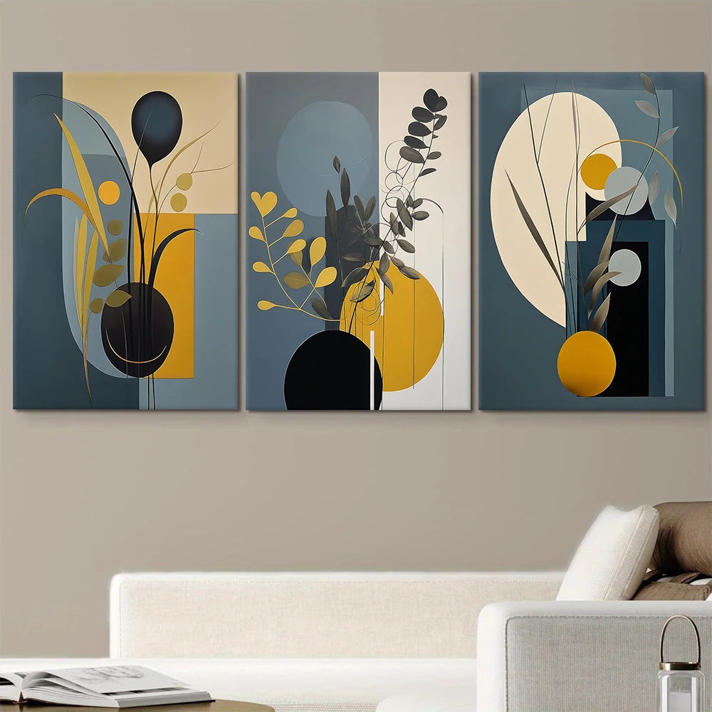 3 piezas de pinturas decorativas de lienzo geométrico abstracto moderno con decoración de pared de sala de estar de estilo nórdico, azul y amarillo