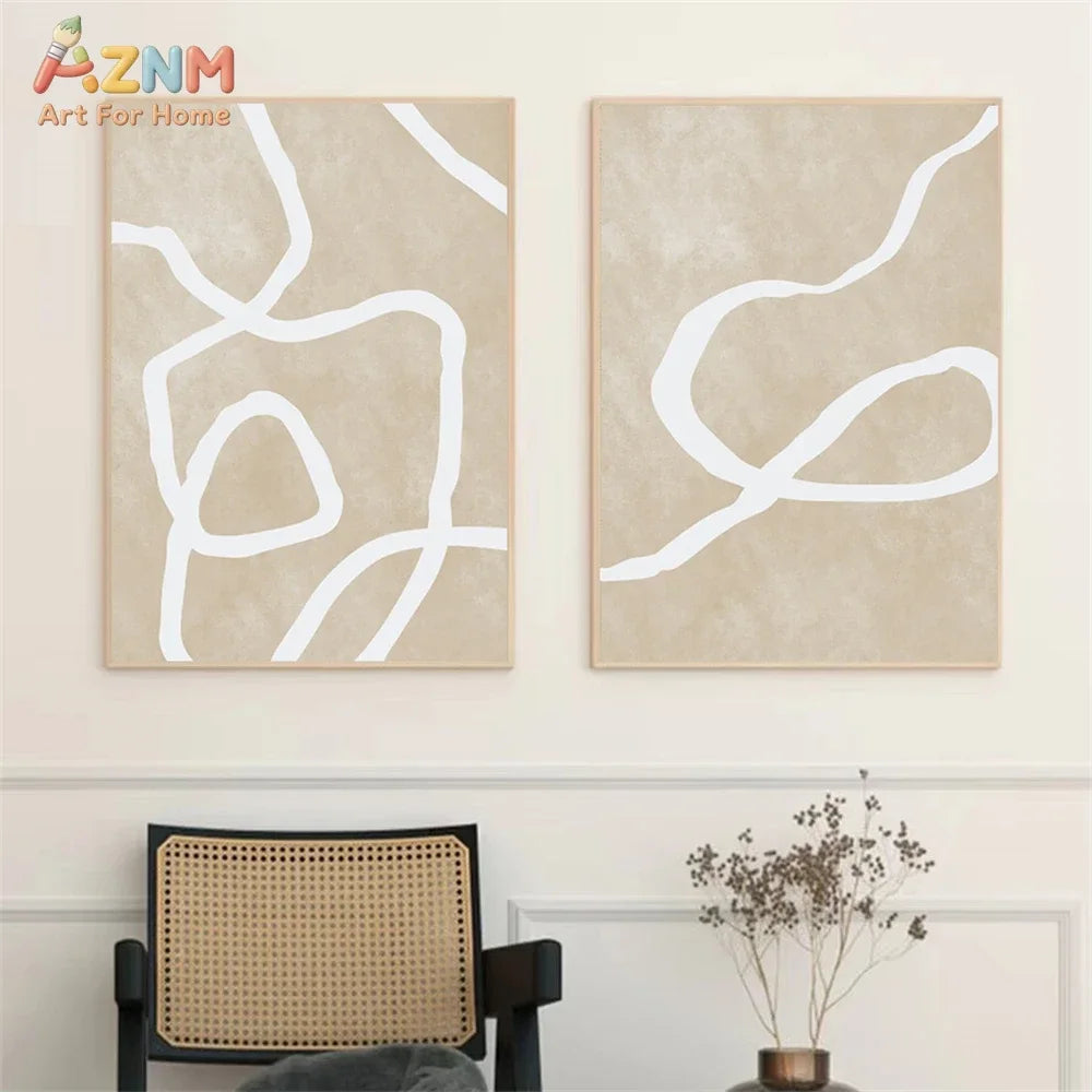 Cuadro en lienzo AZNM de estilo minimalista con arte abstracto de líneas onduladas en beige; estética moderna y neutra; pintura sin marco para sala de estar o dormitorio.