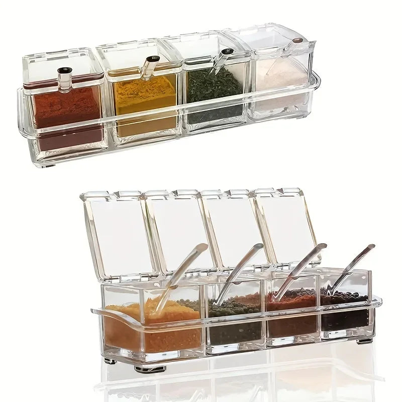 Four Compartment Transparent Seasoning Box with Spoon Lid and Storage Base, Salt, Sugar, MSG Four in One Storage Container