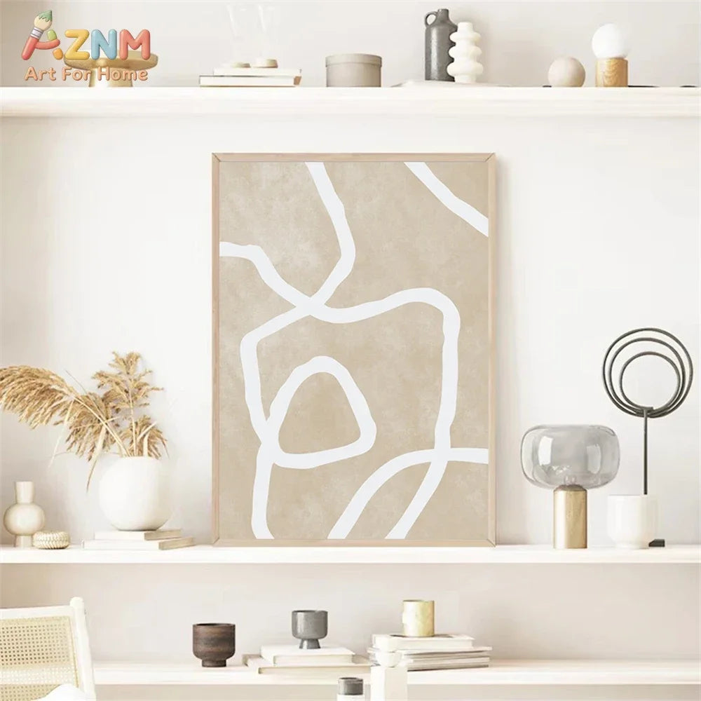 Cuadro en lienzo AZNM de estilo minimalista con arte abstracto de líneas onduladas en beige; estética moderna y neutra; pintura sin marco para sala de estar o dormitorio.