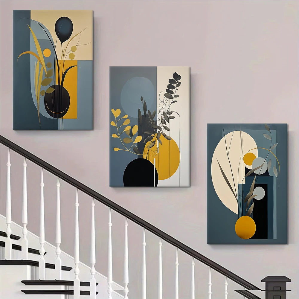 3 piezas de pinturas decorativas de lienzo geométrico abstracto moderno con decoración de pared de sala de estar de estilo nórdico, azul y amarillo